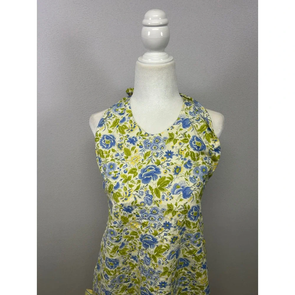 Cottagecore Vintage Women OS Country Chic Yellow Blue Floral Ruffle Halter Apron